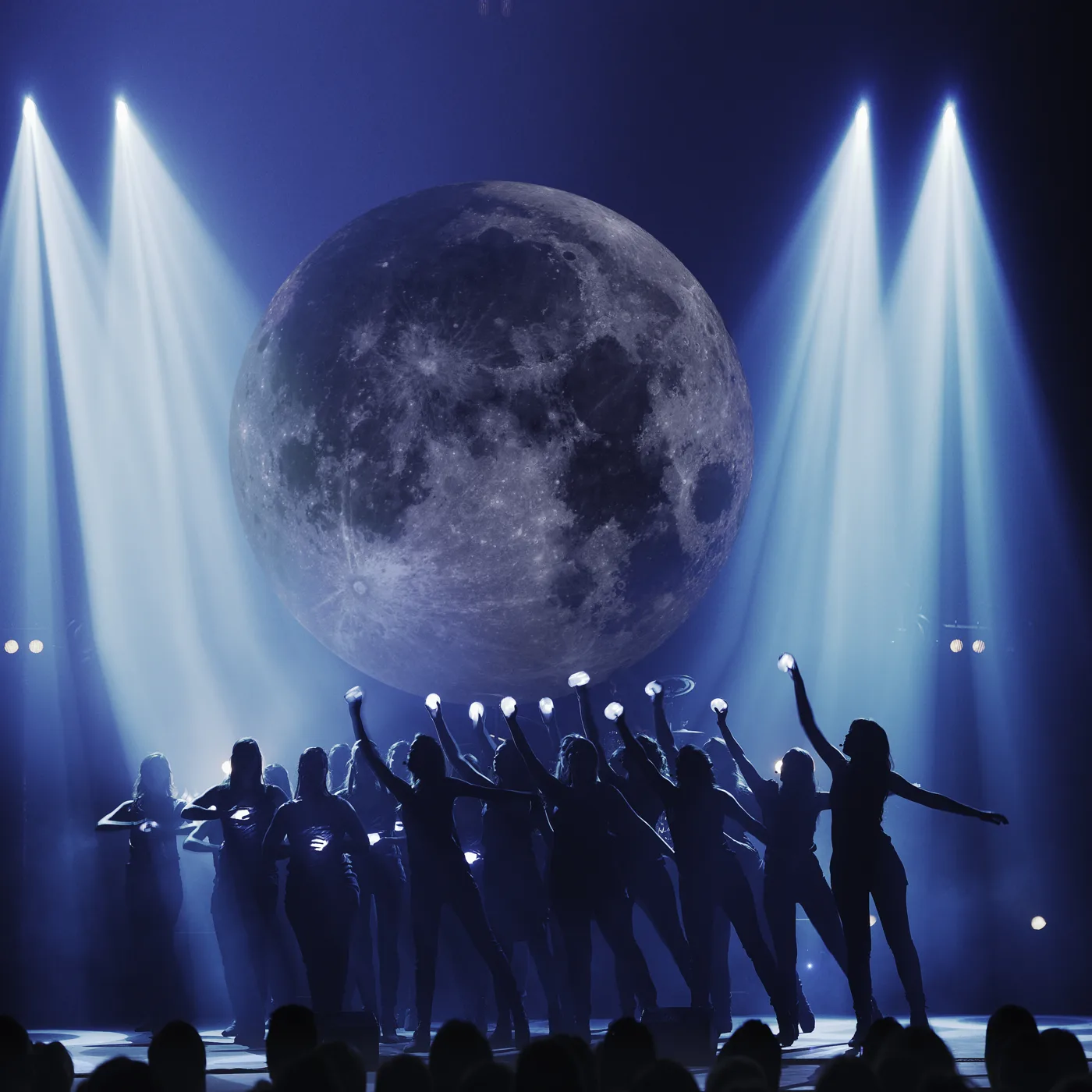 Silhouetted singers holding small lights, with a large image of the moon projected behind them and spotlights either side